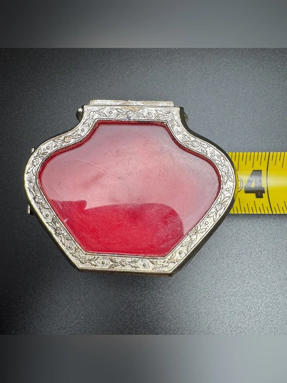 Vintage Japan Silver Trinket Box Red Velvet + Faux Tortoise Powder Jar